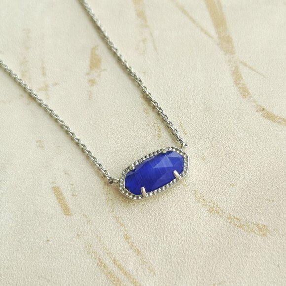 New Kendra Scott Elisa Silver Cobalt Cat's Eye Pendant Necklace - Picture 2 of 4
